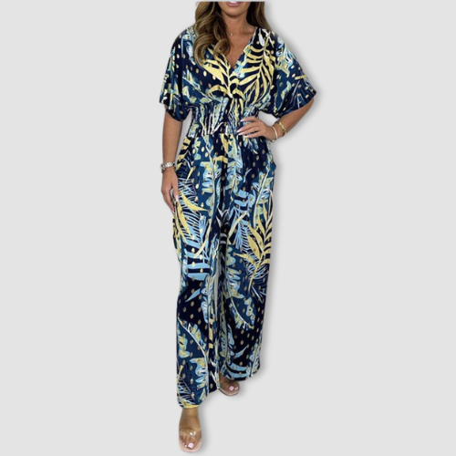 Amber | Zomerse jumpsuit met stretch taille voor dames, bladprint