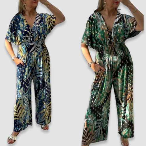 Amber | Zomerse jumpsuit met stretch taille voor dames, bladprint