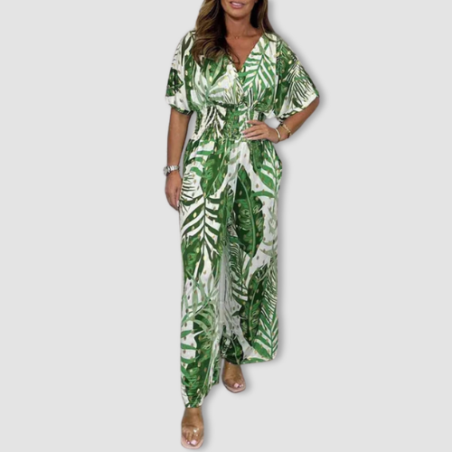 Amber | Zomerse jumpsuit met stretch taille voor dames, bladprint